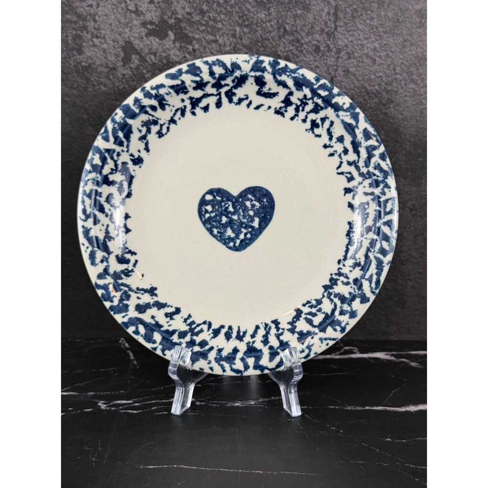 VTG Tienshen Folk Craft Hearts Blue White Spongeware 7 5/8in Salad Plate READ